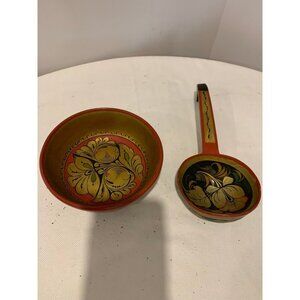 Russian Wood Enamel Painted Bowl and Spoon